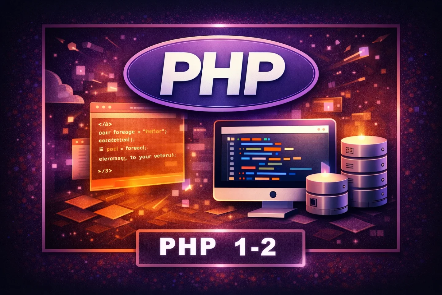 PHP 1-2の記事用アイキャッチ画像。Laragon、localhost、PHPファイル、コード画面を組み合わせて、PHPを自分のパソコンで動かす準備を表現している。