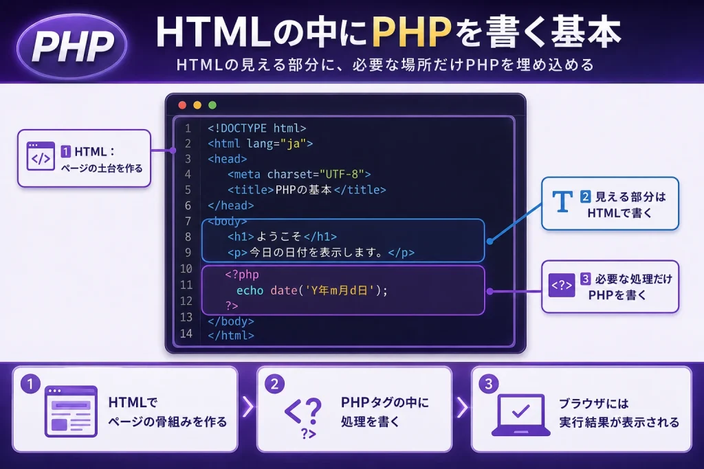 HTMLの中にPHPを埋め込む基本として、HTMLの骨組み、PHPタグ、ブラウザに表示される結果の流れを整理した図
