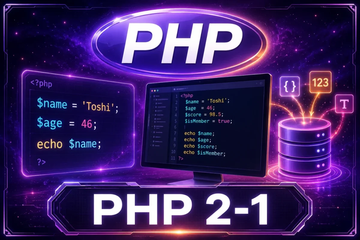 PHP 2-1の記事用アイキャッチ画像。PHPの変数として$name、$ageなどに文字や数字を入れ、echoで表示する基本を表現している。