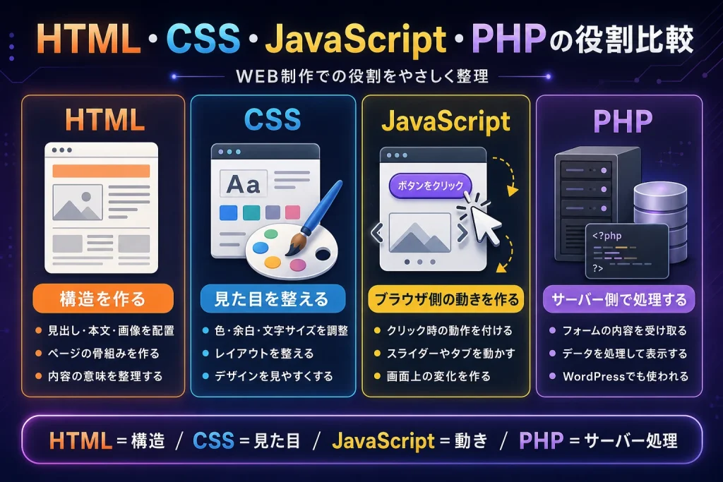 HTML、CSS、JavaScript、PHPの役割の違いを整理した比較図