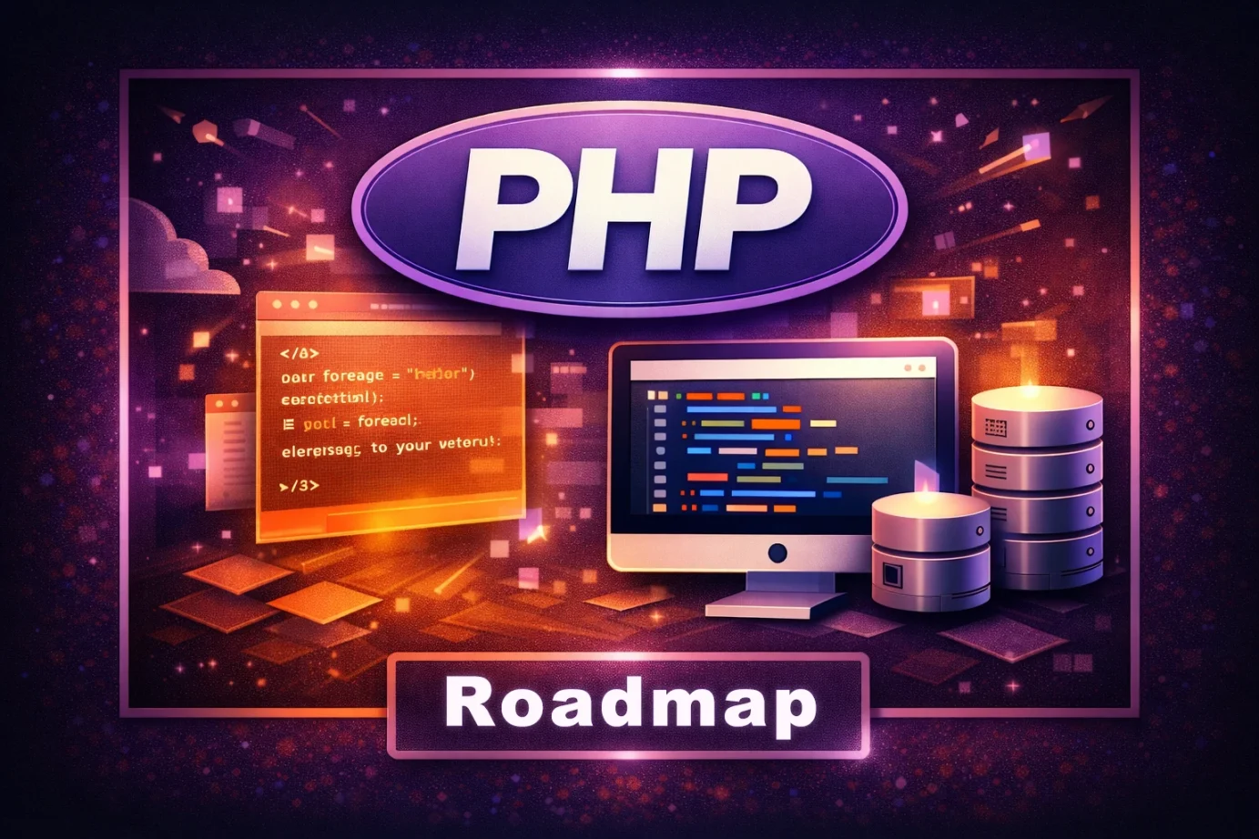 PHPロードマップの記事用アイキャッチ画像。PHPロゴ、コード画面、サーバーを組み合わせて、サーバー側プログラミング学習の入口を表現している。