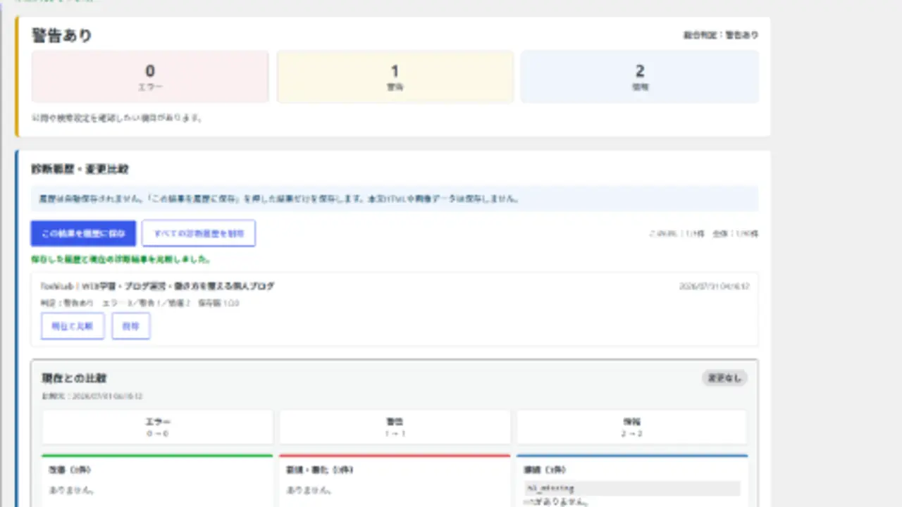 保存した診断履歴と現在の結果を比較して変更なしを確認した画面