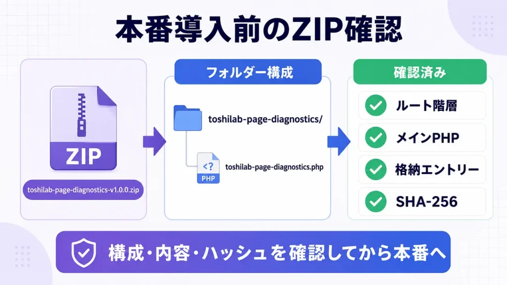 ToshiLab Page Diagnosticsの本番導入前にプラグインZIPの構成を確認した図