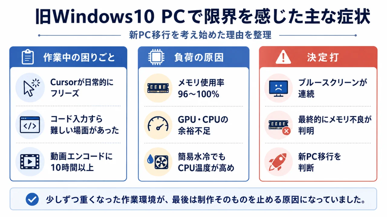 旧Windows10 PCで限界を感じたCursorのフリーズ、動画エンコード長時間化、メモリ不良、ブルースクリーンなどをまとめた画像
