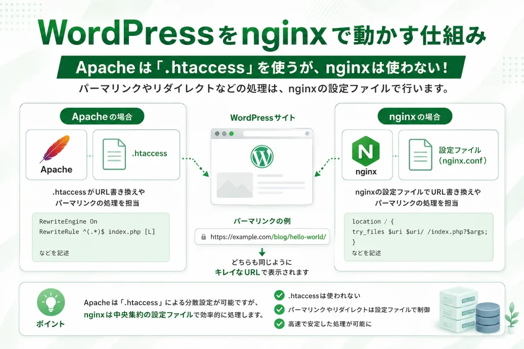 WordPressをApacheとnginxで動かす場合の.htaccessとnginx設定ファイルの違いを示した図