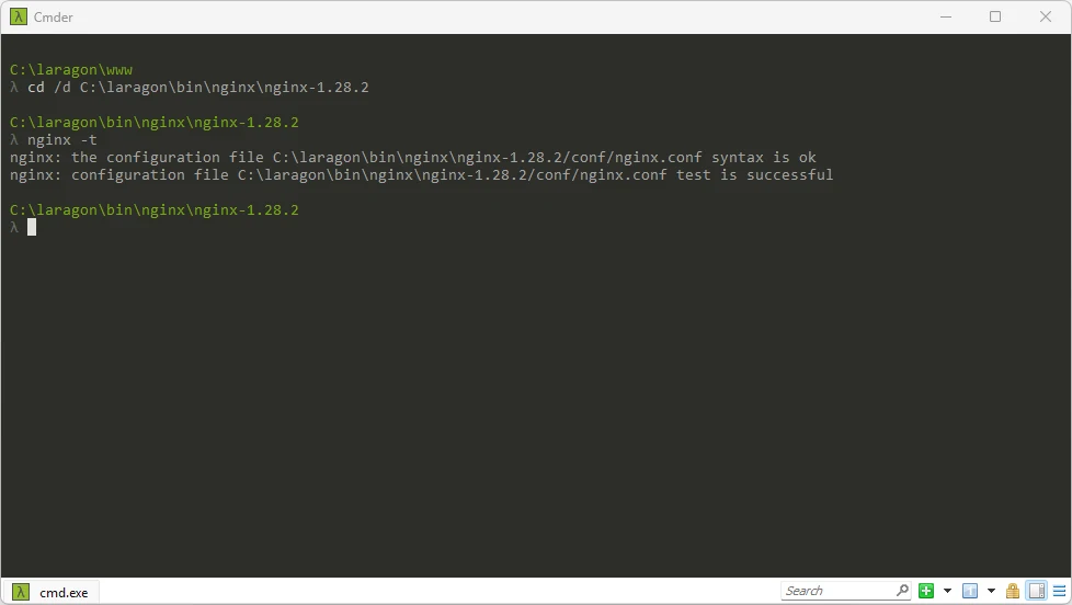 Cmderでnginx -tを実行しsyntax is okとtest is successfulが表示された画面