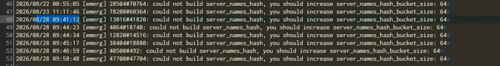 Nginxログにserver_names_hash_bucket_sizeを増やすよう求めるemergエラーが繰り返し表示された画面