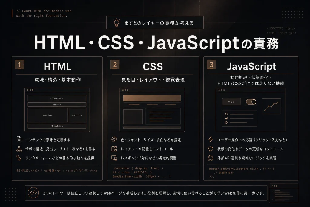 HTMLは意味・構造・基本動作、CSSは見た目とレイアウト、JavaScriptは動的処理を担当する責務の違いを示した図