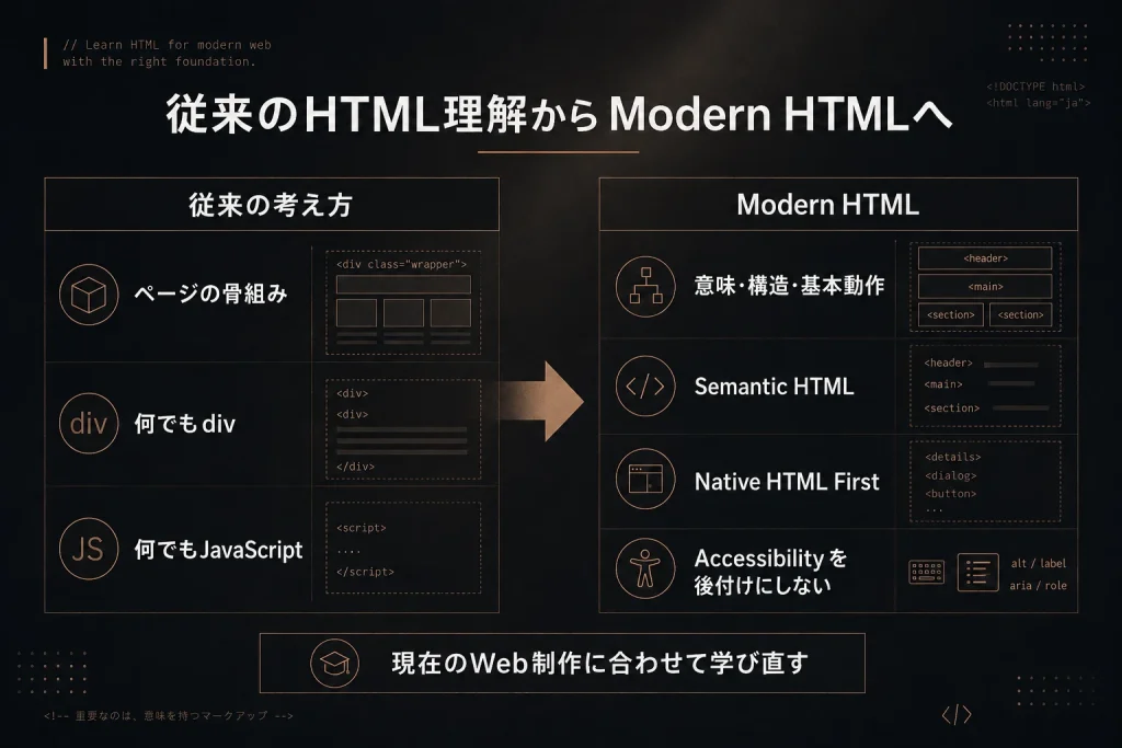 従来のHTML理解とModern HTMLの考え方を比較し、Semantic HTMLやNative HTML Firstへの変化を示した図