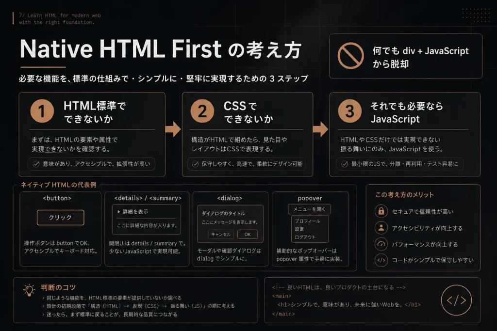 HTML標準、CSS、JavaScriptの順に実現方法を検討するNative HTML Firstの3ステップを示した図