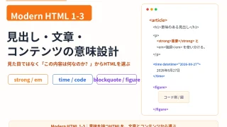 Modern HTML 1-3|見出し・文章・コンテンツの意味設計|見た目ではなく意味からHTMLを選ぶ