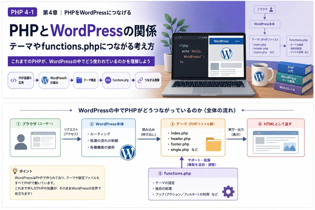 WordPressでブラウザからテーマのPHPファイルやfunctions.phpを通してHTMLが表示される流れを示した説明図