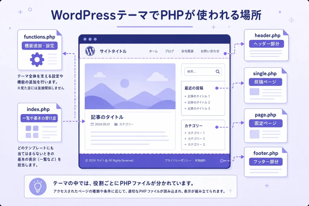 WordPressテーマ内でfunctions.php、index.php、header.php、single.php、page.php、footer.phpがどの役割を持つのかを示した説明図