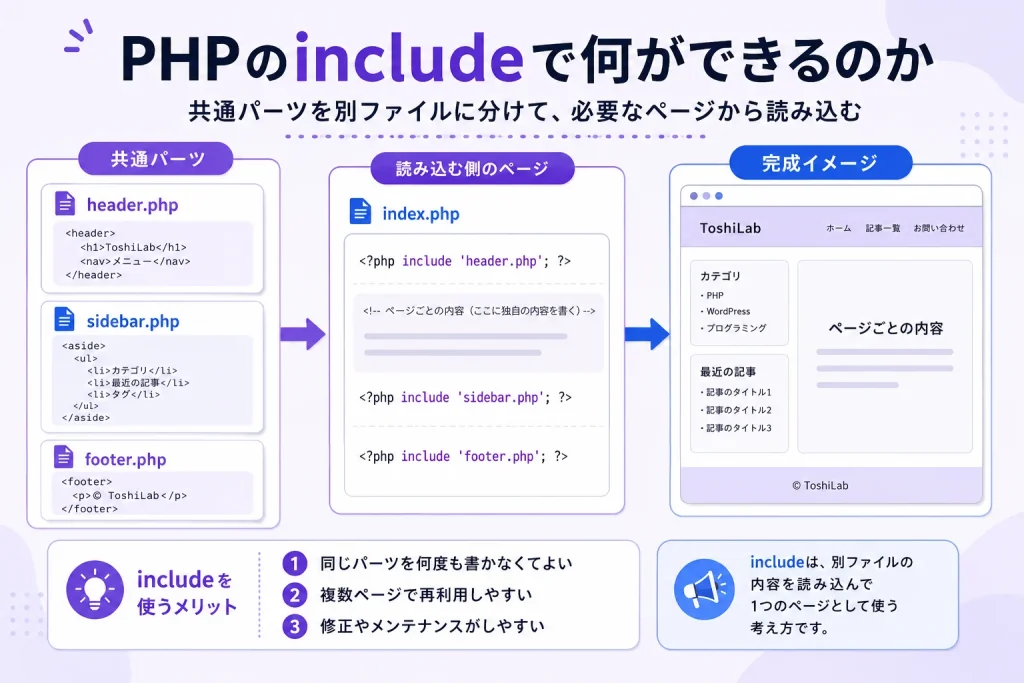 PHPのincludeでheader.php、sidebar.php、footer.phpなどの共通パーツをindex.phpから読み込み、1つの完成ページを作る流れを示した説明図