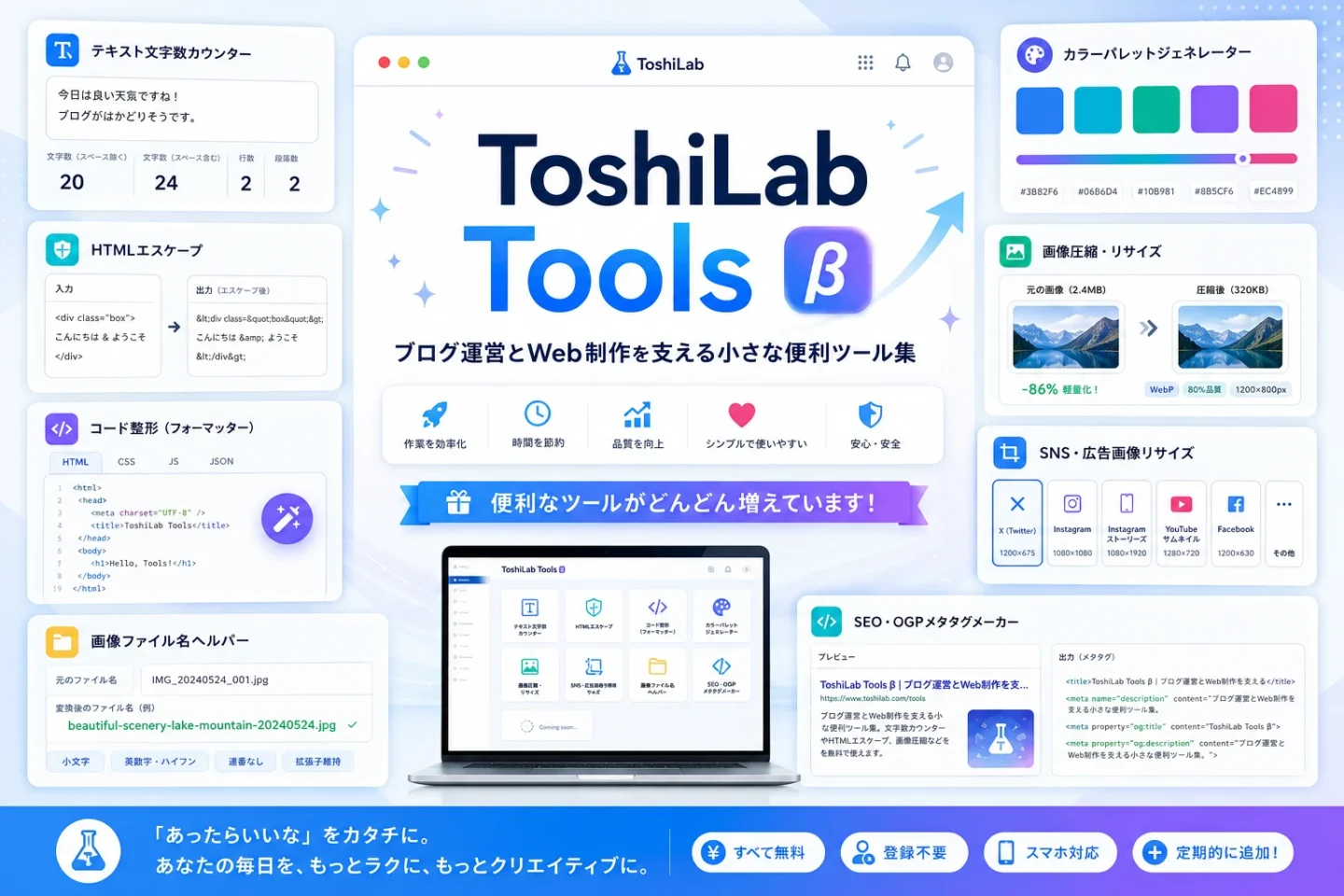 ToshiLab Tools βの8つの便利ツールを一覧で紹介するアイキャッチ画像