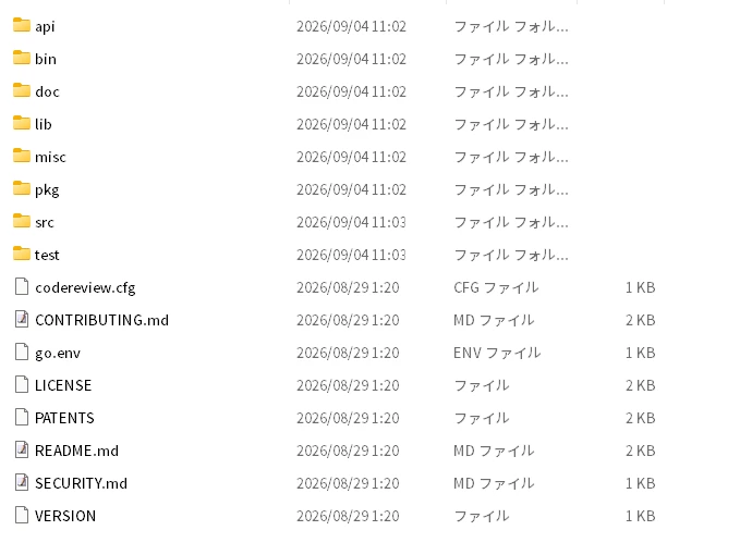 Go 1.27.1 ZIPを展開しbinやpkgやsrcなどのGo標準フォルダを確認している画面