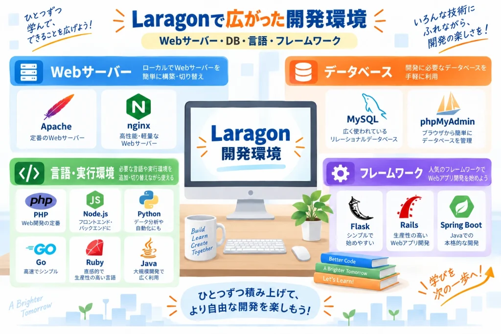 Laragonを中心にApache・nginx・MySQL・phpMyAdmin・各言語・Flask・Rails・Spring Bootを整理した開発環境図