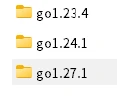 Laragonのbin goフォルダにgo1.23.4とgo1.24.1とgo1.27.1が並んでいる画面