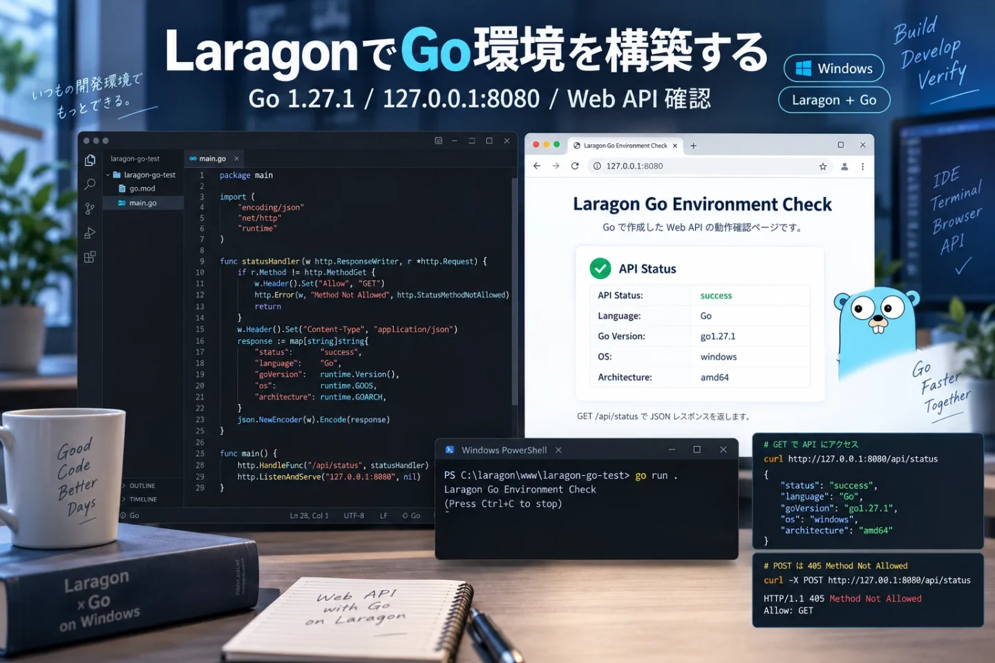 LaragonでGoを手動追加してWeb APIとVS Codeの開発環境を確認する記事のアイキャッチ