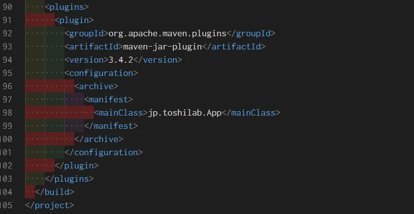 pom.xmlのmaven-jar-pluginでMain-Classにjp.toshilab.Appを設定している画面