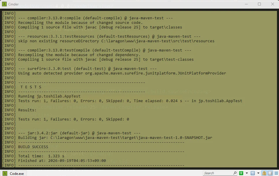 MavenでJava release 25を指定してコンパイルしJUnitとJAR生成がBUILD SUCCESSになった画面