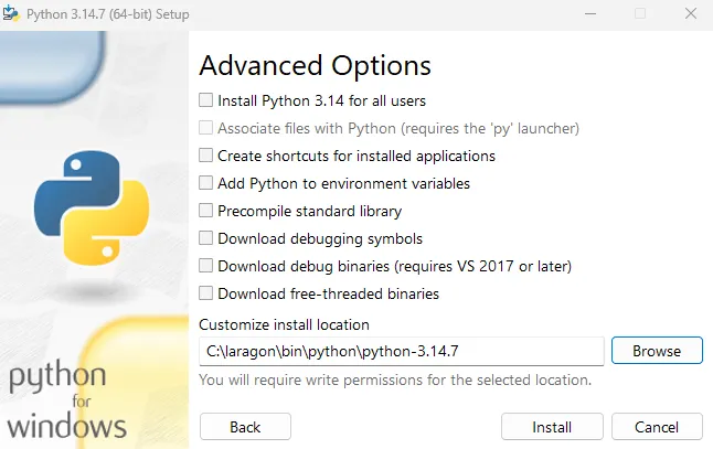Python 3.14.7のインストール先をC:\laragon\bin\python\python-3.14.7に指定したAdvanced Options画面