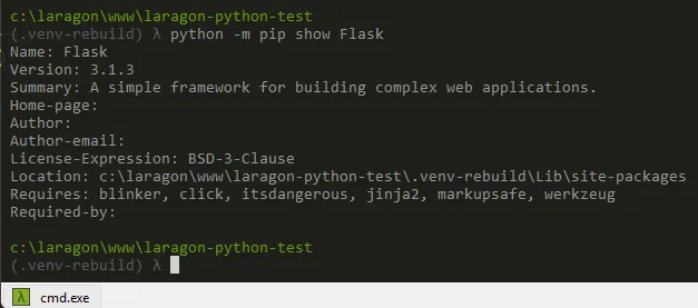 requirements.txtから再構築した.venv-rebuildでFlask 3.1.3がインストールされていることを確認した画面