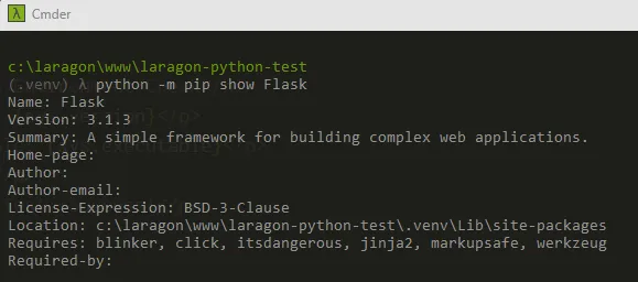 venvを有効化してpython -m pip show Flaskを実行し、Flask 3.1.3が.venv内にインストールされていることを確認した画面