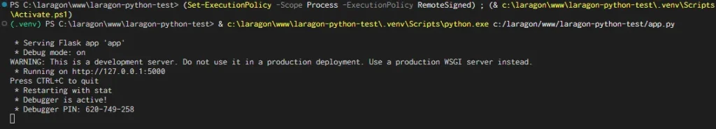 VS Codeから.venvのPythonでapp.pyを実行し、Flask開発サーバーが127.0.0.1:5000で起動した画面