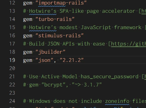 RailsのGemfileにjson 2.21.2を指定したVS Code画面