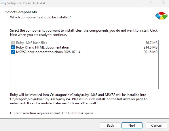 Ruby 4.0.6とMSYS2 development toolchainのインストールコンポーネント選択画面