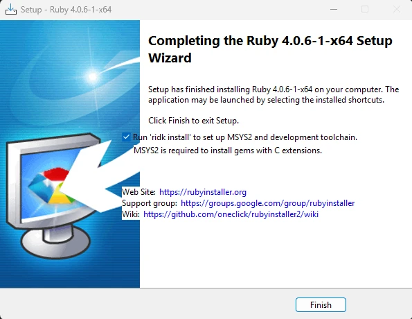 Ruby 4.0.6のインストール完了後にridk installを実行する設定画面
