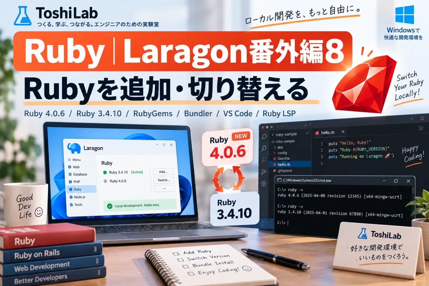 LaragonでRuby 4.0.6とRuby 3.4.10を追加・切り替える開発環境をイメージしたアイキャッチ画像