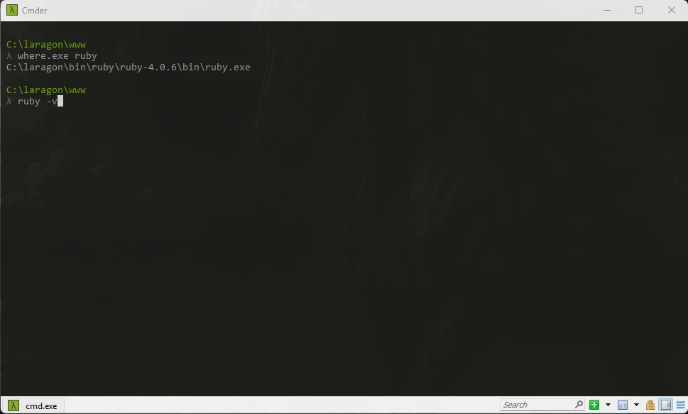 LaragonでRuby 3.4.10からRuby 4.0.6へ戻しTerminalで実行パスを確認した画面