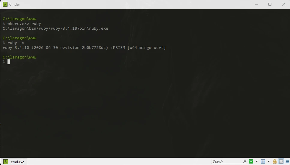 LaragonでRuby 3.4.10へ切り替えたあとTerminalで実行パスとバージョンを確認した画面