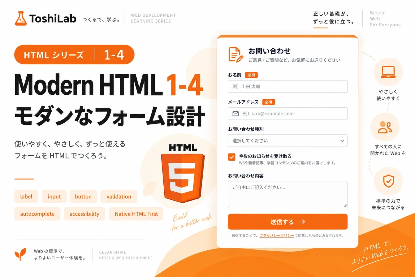 Modern HTML 1-4「モダンなフォーム設計」をテーマに、HTMLフォームの入力項目や送信ボタンを使って、使いやすくやさしいフォーム設計を表現したアイキャッチ
