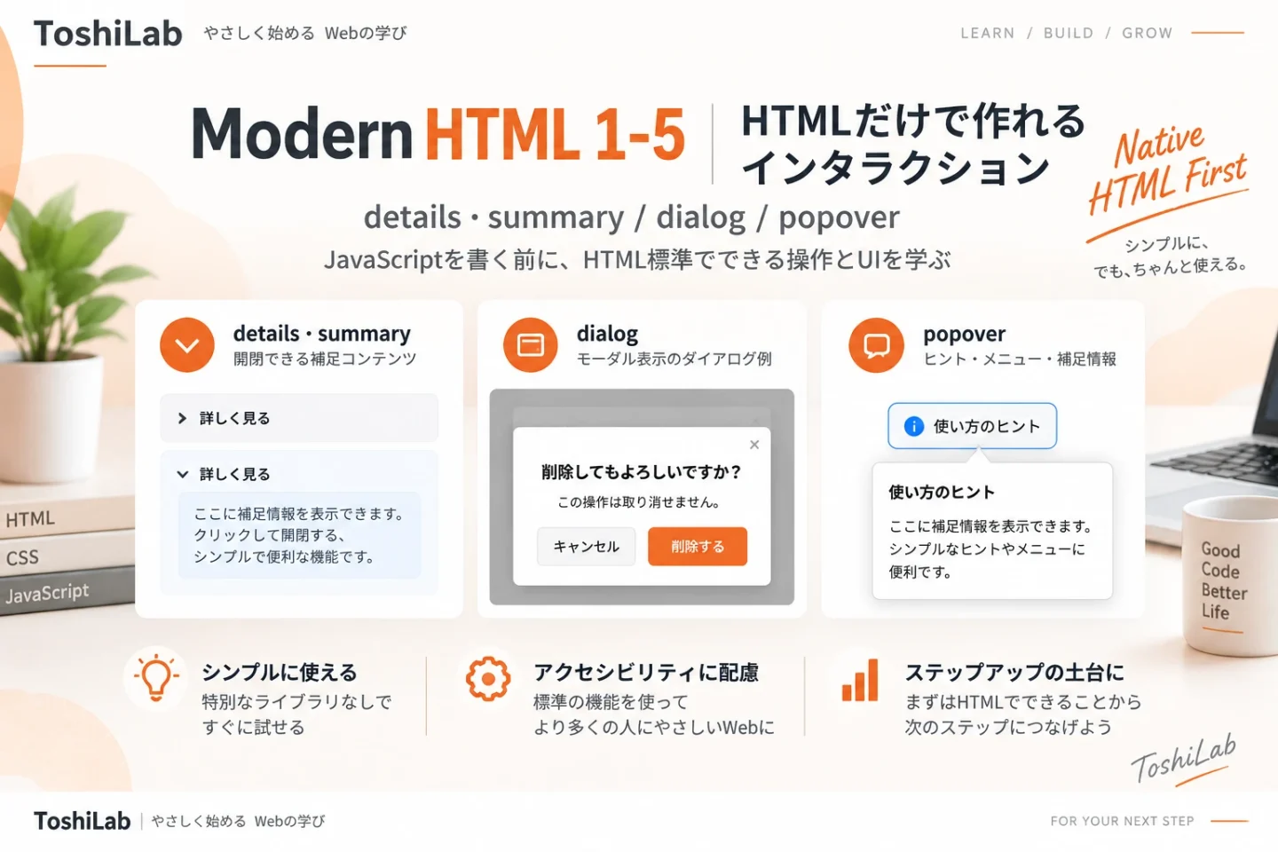 Modern HTML 1-5「HTMLだけで作れるインタラクション」をテーマに、details・summary・dialog・popoverのUI例を表現したアイキャッチ