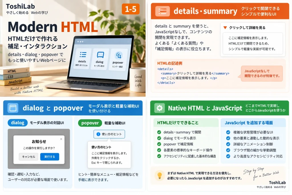 details・summary・dialog・popoverなどHTML標準でできることと、複雑な状態管理やAPI連携などJavaScriptを追加する場面を比較した図