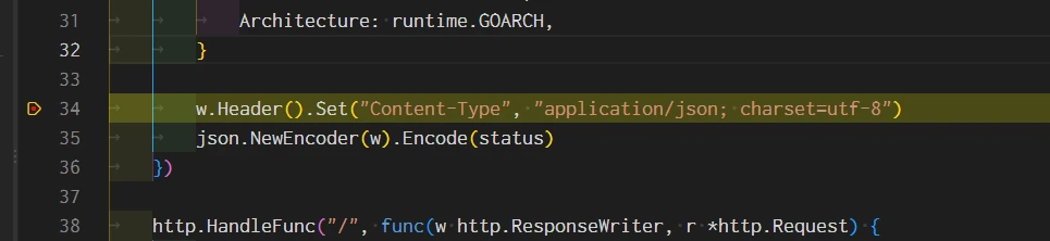 VS CodeのGoデバッガDelveでWeb API処理がブレークポイントに停止している画面