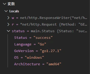 VS CodeのDelveデバッグでstatus変数のGo 1.27.1やWindows amd64の値を確認している画面